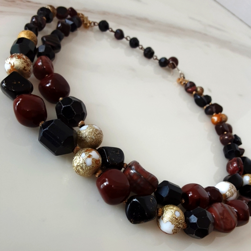 VTG SIGNED HATTIE CARNEGIE AMBER GLASS BEADED DOUBLE STRAND NECKLACE 17.… - Picture 5 of 8